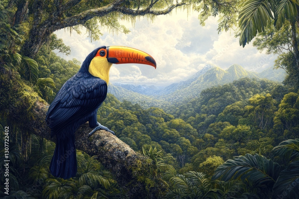 Obraz premium Toucan perched on a branch in a lush rainforest, overlooking a valley with mountains in the background.