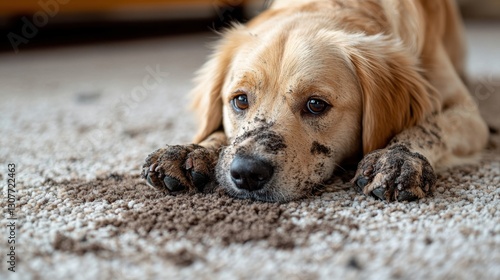 Cute dog leaving muddy paw prints on carpet