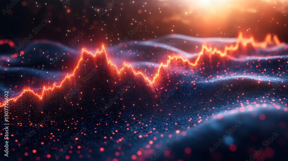 Abstract stock market decline, digital data visualization, fiery graph, sunlit background Abstract stock market decline, digital data visualization, fiery graph, sunlit background