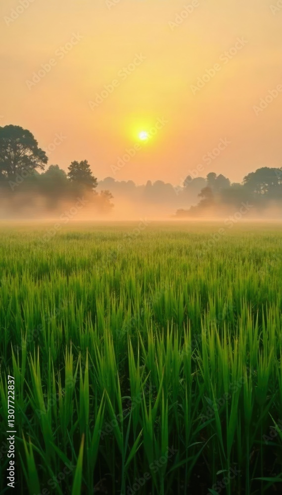 Misty dawn on a rice field landscape with soft golden light filtering through, morning light, rice field Misty dawn on a rice field landscape with soft golden light filtering through, morning light, rice field