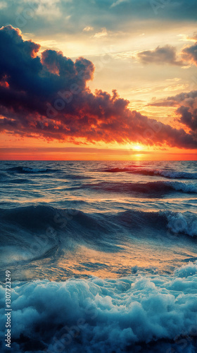 Dramatic ocean storm with powerful waves crashing under dark thunderclouds and lightning.