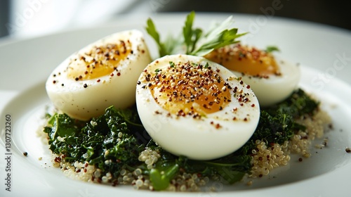 Eggs with sautéed kale and quinoa photo