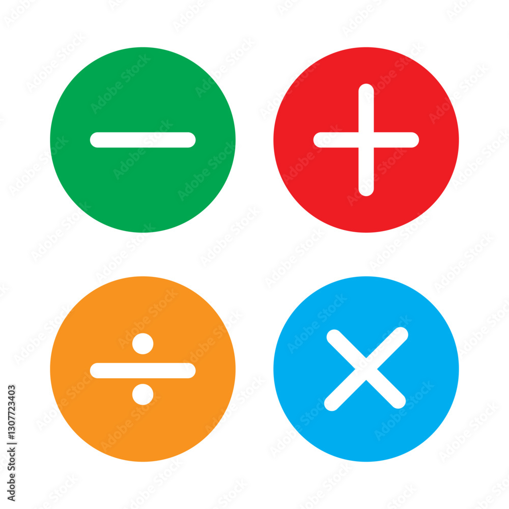 Plus, minus, multiply, equal and divide sign icon set. Math sign vector illustration. Plus, minus, multiply, equal and divide sign icon set. Math sign vector illustration.