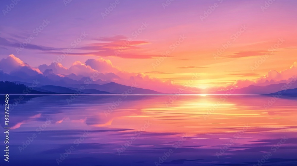 Fototapeta premium Vibrant sunset over calm lake reflecting colorful sky and mountains.