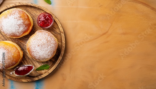 Generated image of jam filled doughnuts, shot from the above with copy space, paczki day