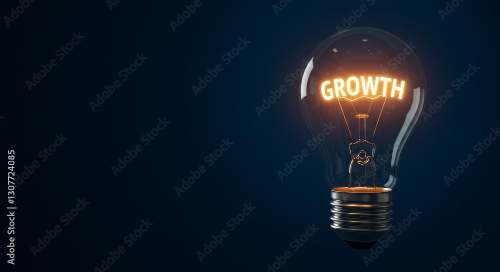 Illuminated Growth Concept - Glowing light bulb with the word GROWTH inside, signifying progress and development. Dark blue background Illuminated Growth Concept - Glowing light bulb with the word GROWTH inside, signifying progress and development. Dark blue background