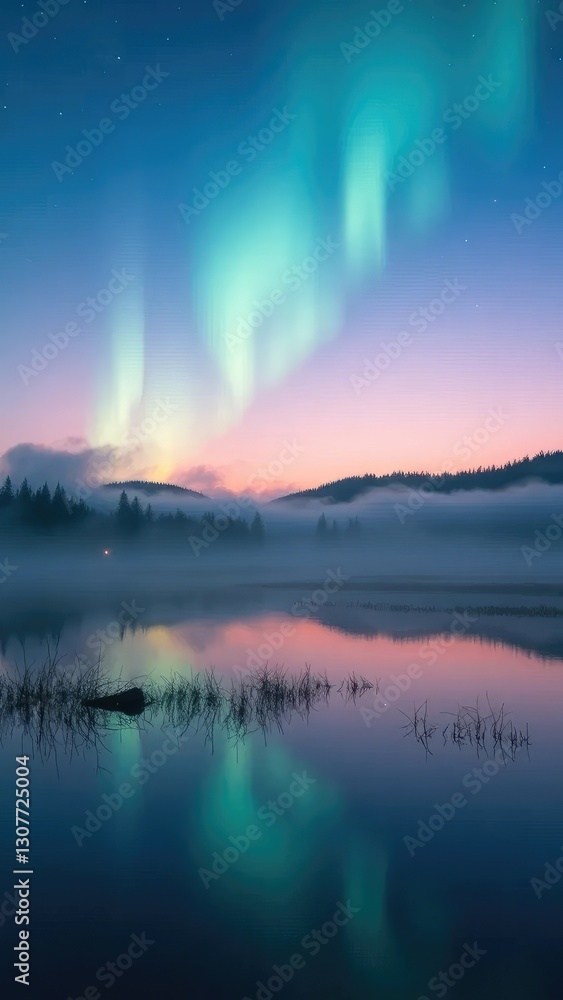 Fototapeta premium A misty lake at dusk with an ethereal glow from the aurora borealis, misty, lakes with northern lights