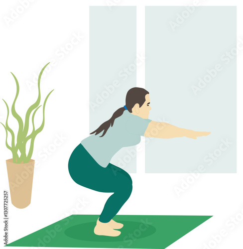 Near the window in the gym, a young girl does sports on a mat.