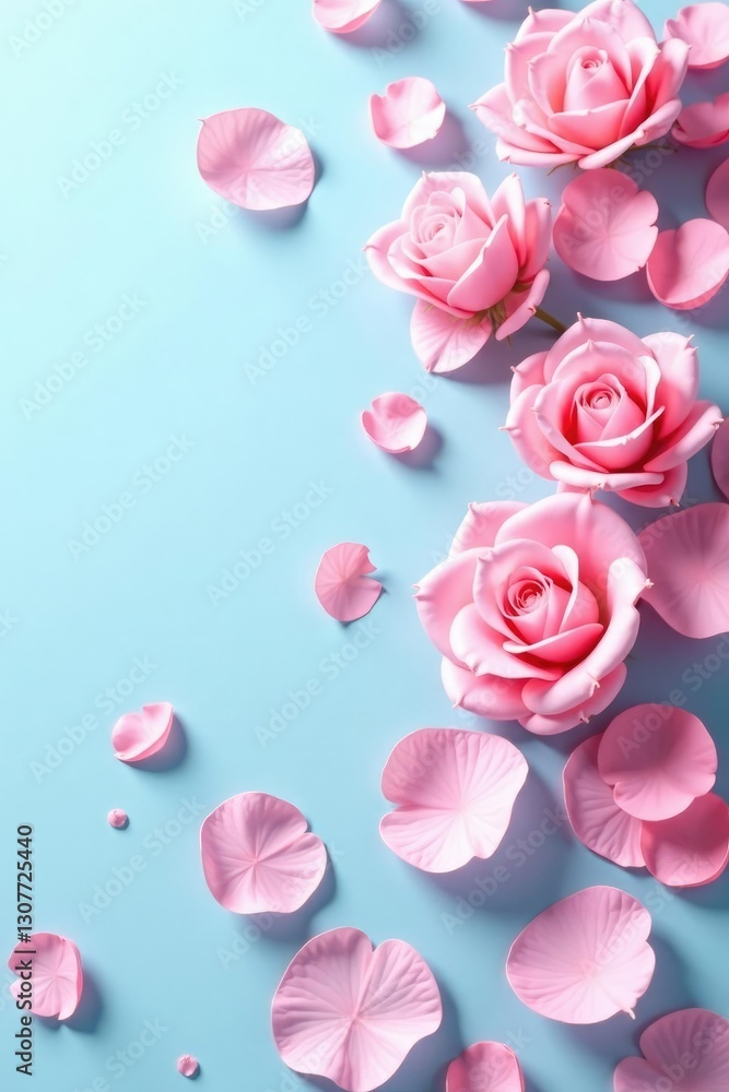 Soft pink rose petals scattered on a light blue sky, flower petals, delicate Soft pink rose petals scattered on a light blue sky, flower petals, delicate