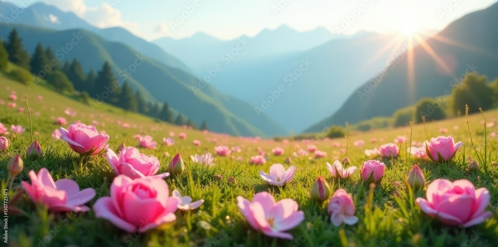 Fototapeta premium Soft pink rose petals scattered on a serene mountain meadow, peaceful, flowers