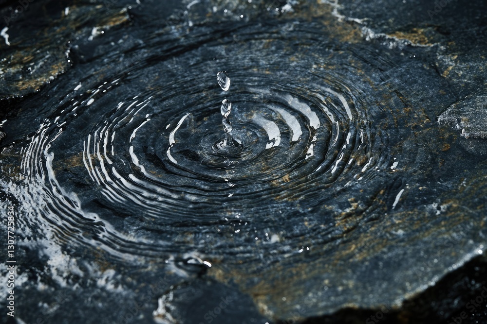 A single water droplet impacts a dark, textured stone surface, creating concentric ripples.
