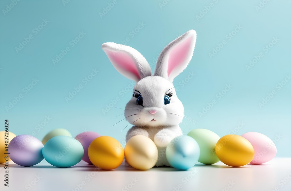 White bunny with colorful easter eggs on light blue background White bunny with colorful easter eggs on light blue background