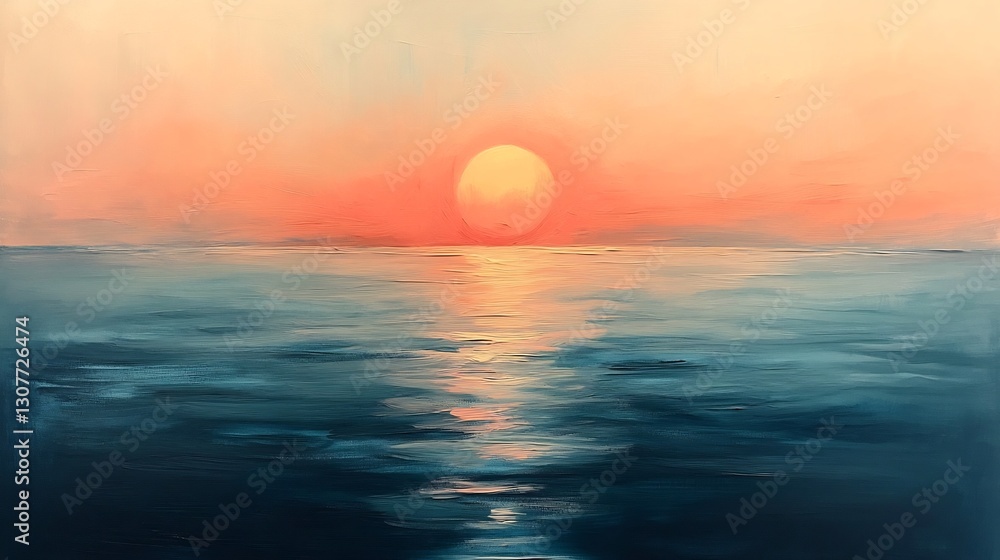Obraz premium Serene Sunset Ocean Painting Warm Hues Calm Waters. AI Generated