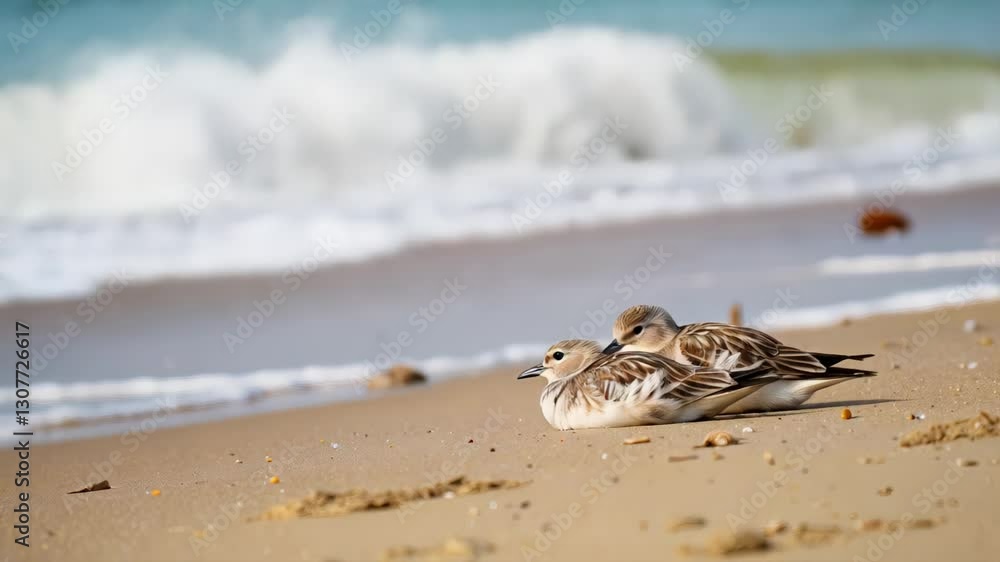 Duo of sandpipers resting on serene beach with rolling waves Duo of sandpipers resting on serene beach with rolling waves