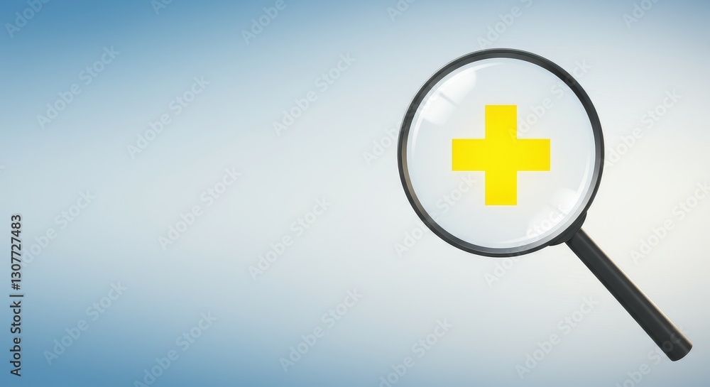 Obraz premium Magnifying Glass with Plus Symbol - A yellow plus symbol is magnified under a magnifying glass on a light blue background. Concept for healthcare, search, or addition