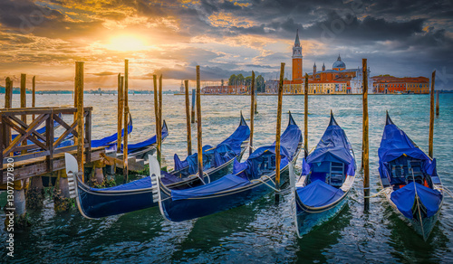 Gondolas in Venice Italy at sunrise