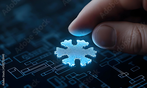 Hand Touching Digital Snowflake on Abstract Technology Background