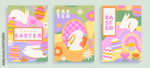 Set of flyers for Happy Easter holiday with cute hand drawn elements and symbols - easter bunnies, decorated eggs,text greeting in frame. Template for web, social media,congrats, invitations. Vector