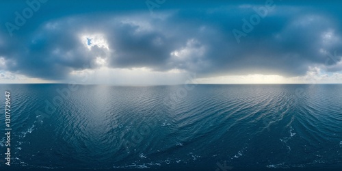 Fototapeta Naklejka Na Ścianę i Meble -  Seascape where sunlight pierces through ominous storm clouds, creating a striking contrast between light and shadow - Equirectangular 360 degree landscape