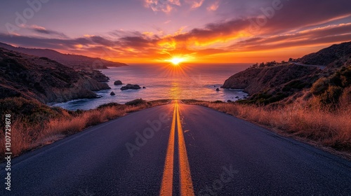 Coastal Highway Sunset Vista; dramatic sky; tranquil road; scenic view