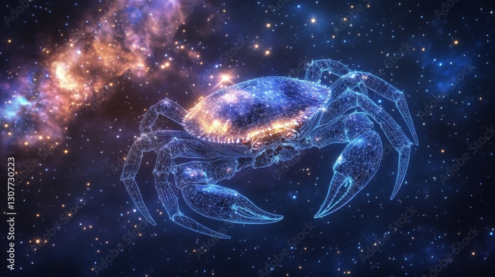 Cancer, the crab constellation, shines brightly in the galaxy background. Cancer, the crab constellation, shines brightly in the galaxy background.