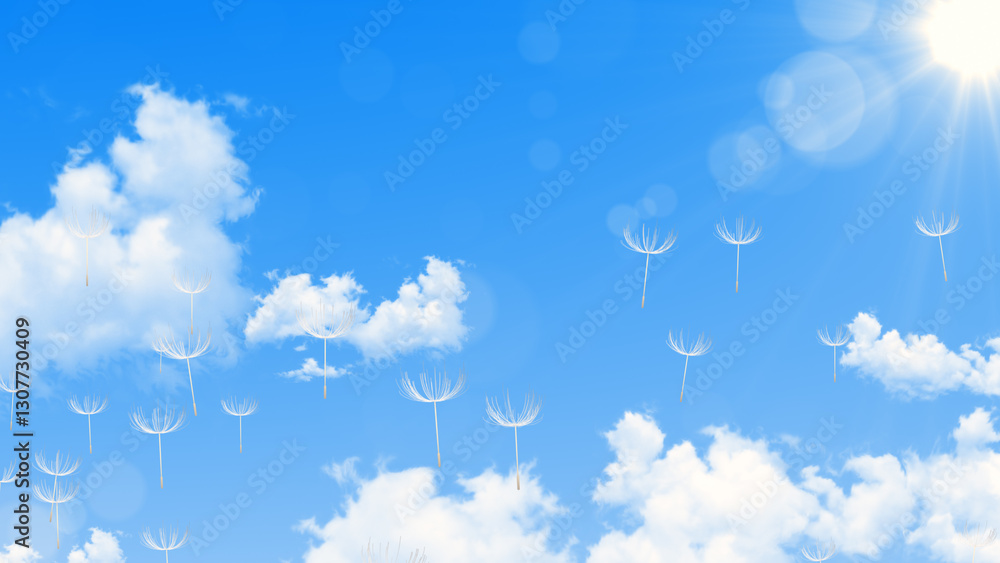 blue sunny sky with clouds and dandelions flying spring nature landscape , sunny summer day bright background blue sunny sky with clouds and dandelions flying spring nature landscape , sunny summer day bright background