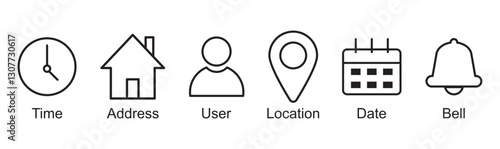 Time, date and address or location icons. Time, date and address vector collection