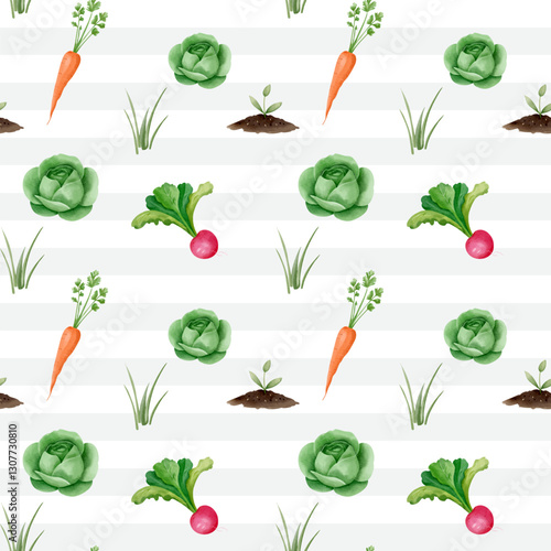 Seamless pattern with watercolor vegetables. Farm vegetables watercolor pattern. Cabbage, carrots, radishes