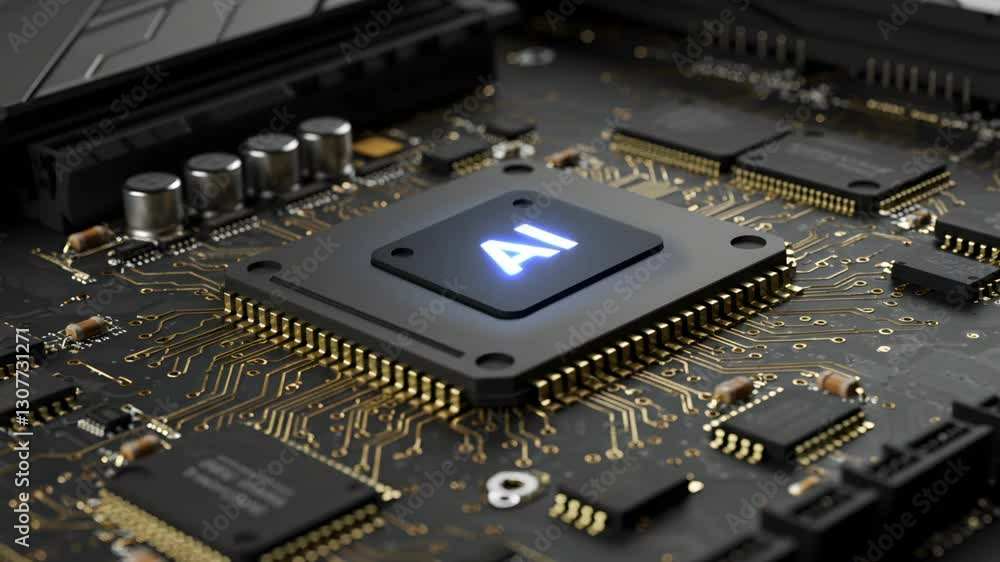 A computer circuit with ai chip and cool technology animation with lights showing signals and processing by artificial intelligence A computer circuit with ai chip and cool technology animation with lights showing signals and processing by artificial intelligence