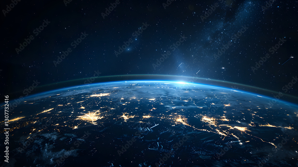 Naklejka premium background of planet earth in space with night city and glowing lines