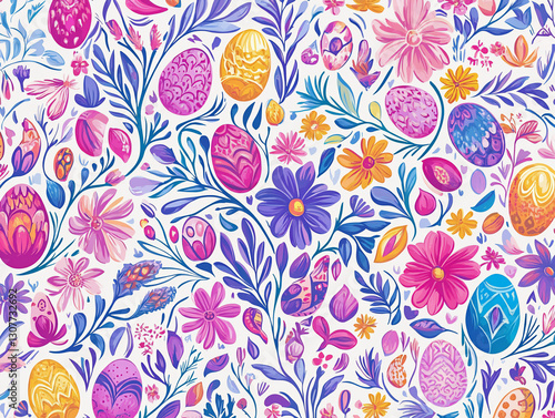 Festive Easter Pattern – Eggs, Flowers, and Soft Pastels