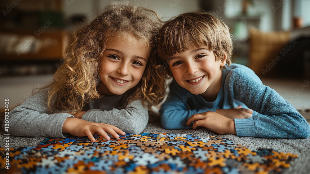 Siblings enjoying a puzzle on a cozy afternoon at home Siblings enjoying a puzzle on a cozy afternoon at home