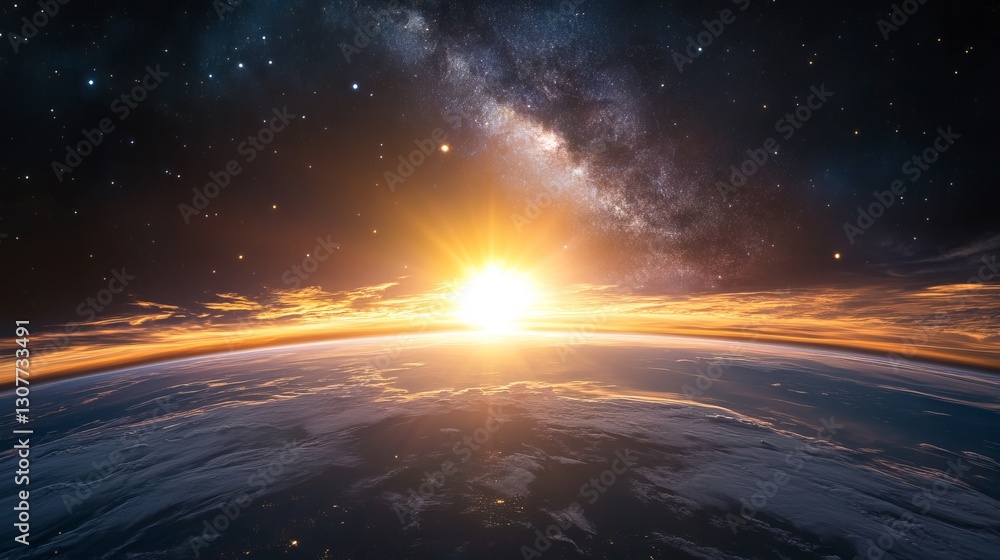 Stunning view of Earth, sun, stars, and galaxy from space. Sunrise above Earth. Stunning view of Earth, sun, stars, and galaxy from space. Sunrise above Earth.