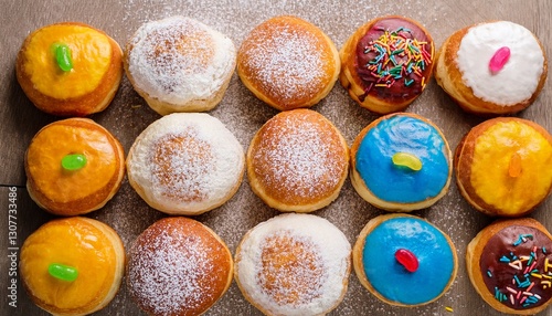 Generated image of Traditional Polish donuts sweets closeup, shot from the above with copy space, paczki day; assortment of colourful coatings