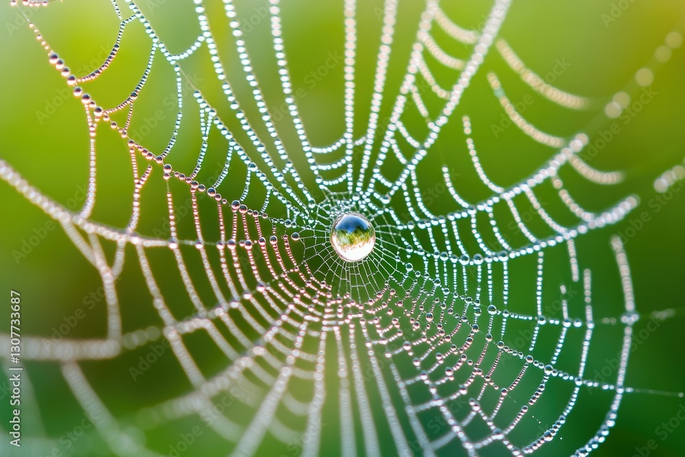 Fototapeta premium A spiderweb glistening with morning dew, a delicate masterpiece of nature's artistry.