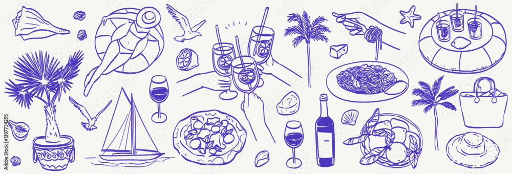 Fototapeta premium Italian coastal summer vacation doodle style illustration set. Vector ink hand drawn Italy coast sea or beach elements. Sea weekend dinner collection for invitations to beach party, picnic, wedding.