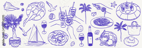 Italian coastal summer vacation doodle style illustration set. Vector ink hand drawn Italy coast sea or beach elements. Sea weekend dinner collection for invitations to beach party, picnic, wedding.