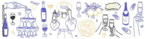 Hand drawn crayon food and wine or champagne illustration. Sketch style lunch or dinner Illustrations for wedding invitations, cafe or restaurant menus and parties. La dolce vita italian amalfi style.