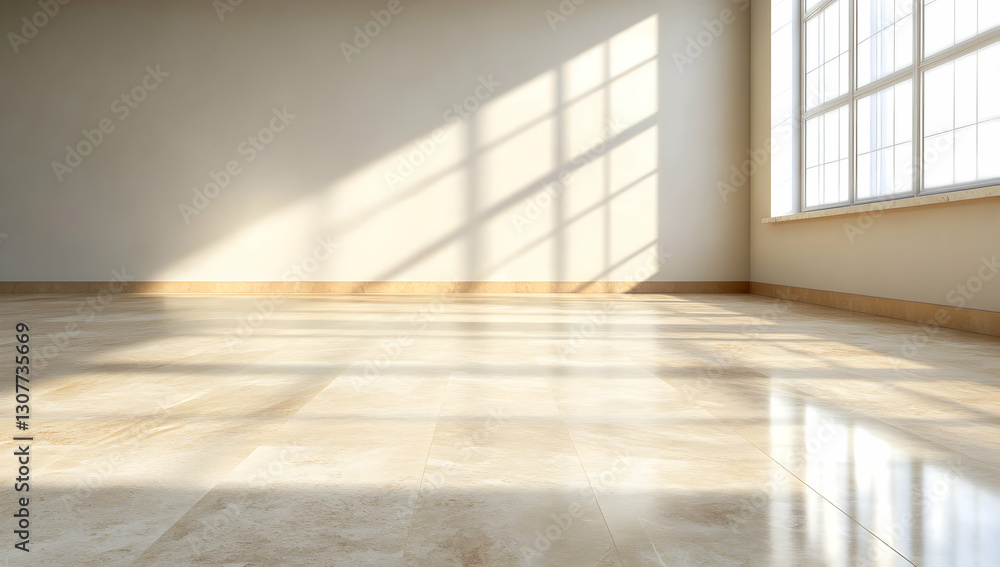 Sunlit empty room with beige marble floor, large window, and pale walls; ideal for interior design or real estate Sunlit empty room with beige marble floor, large window, and pale walls; ideal for interior design or real estate
