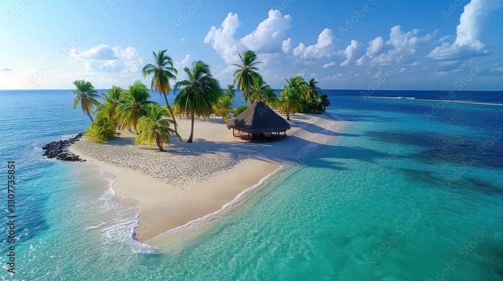 Fototapeta premium Tropical island paradise with beach hut, aerial view