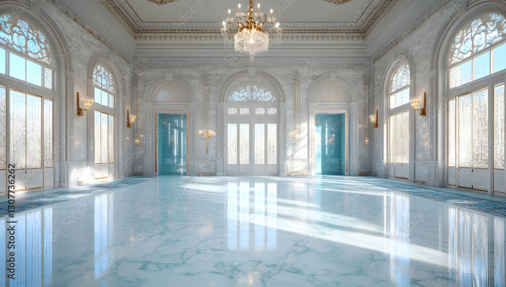 Fototapeta premium Sunlit Grand Ballroom Interior Elegant marble floor, arched windows, and ornate details. Ideal for events, luxury, or interior design