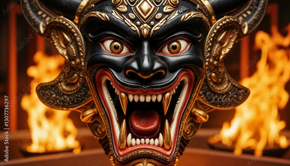 Dramatic mask with fierce expression against fiery background Dramatic mask with fierce expression against fiery background