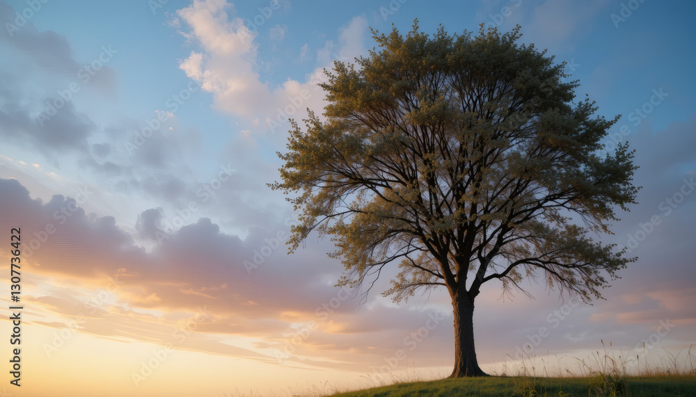 Majestic tree against a serene sunset sky Majestic tree against a serene sunset sky
