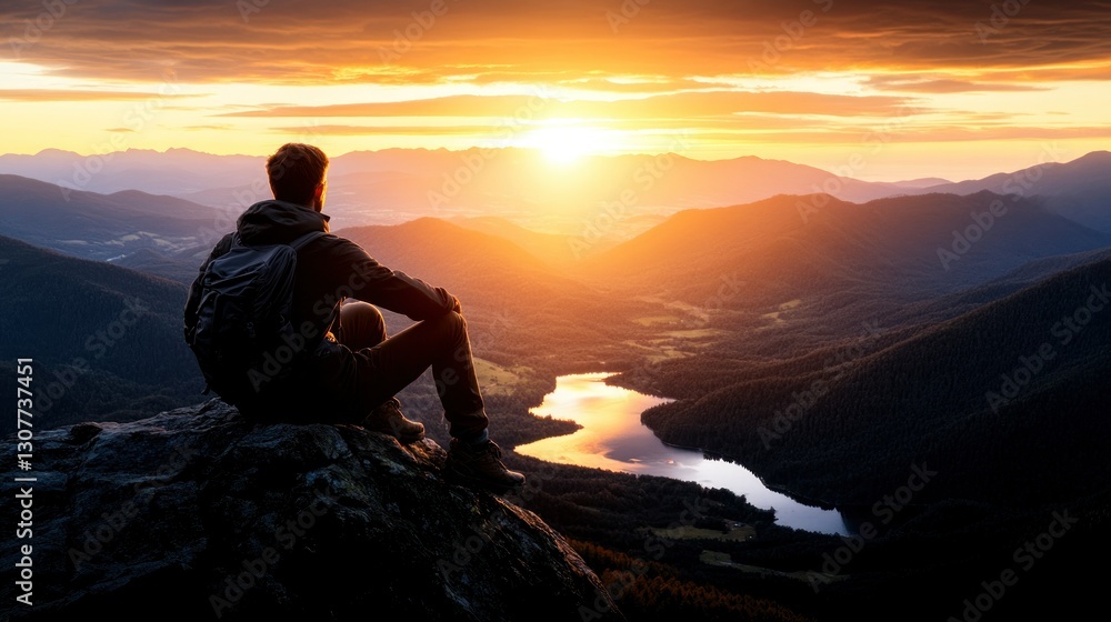 Man Contemplating Sunrise Mountaintop View Man Contemplating Sunrise Mountaintop View
