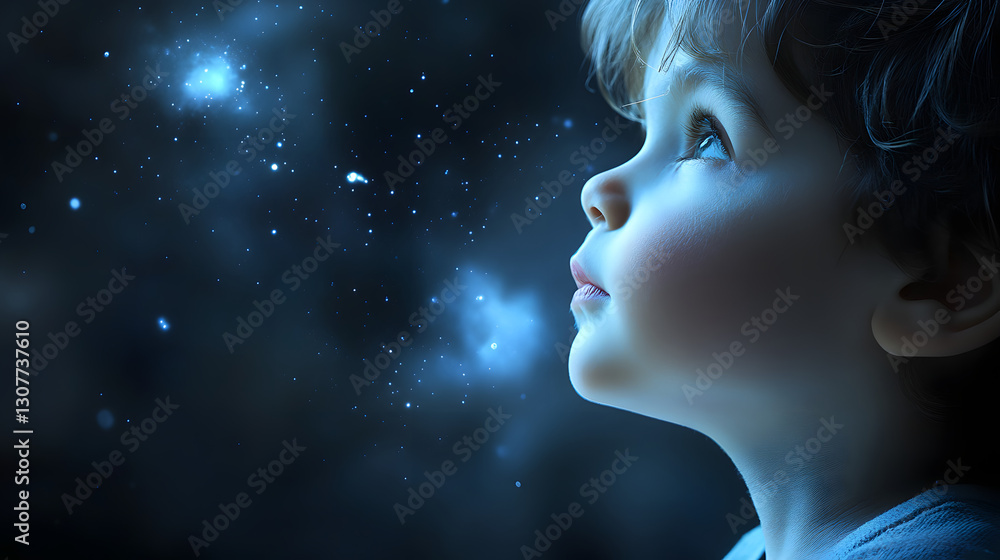 Little boy with autism on the background of the starry sky, April 2, World Autism Day, banner Little boy with autism on the background of the starry sky, April 2, World Autism Day, banner