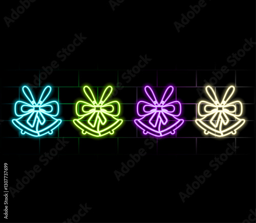 Glowing neon line Merry Christmas ringing bell icon isolated on black background. Alarm symbol, service bell, handbell sign, notification. Vector.green