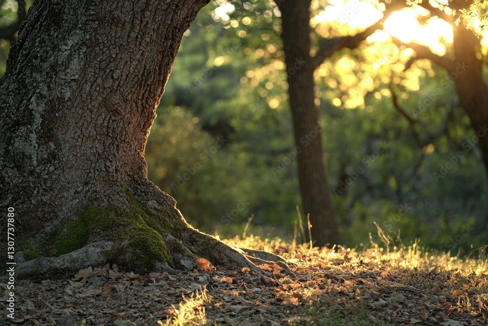 Majestic oak tree bathed in golden sunset light, its roots exposed, showcasing nature's beauty in a serene forest setting. Majestic oak tree bathed in golden sunset light, its roots exposed, showcasing nature's beauty in a serene forest setting.