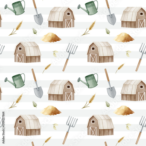 Seamless pattern with watercolor barn and agricultural tools. Farm pattern. Agricultural watercolor background