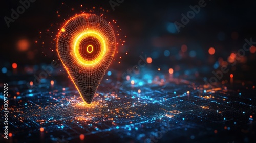 Abstract glowing location marker over a digital city