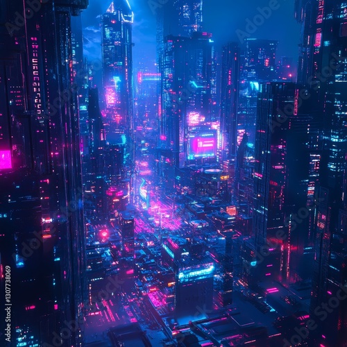 Night city with skyscrapers and neon lights. 3d rendering